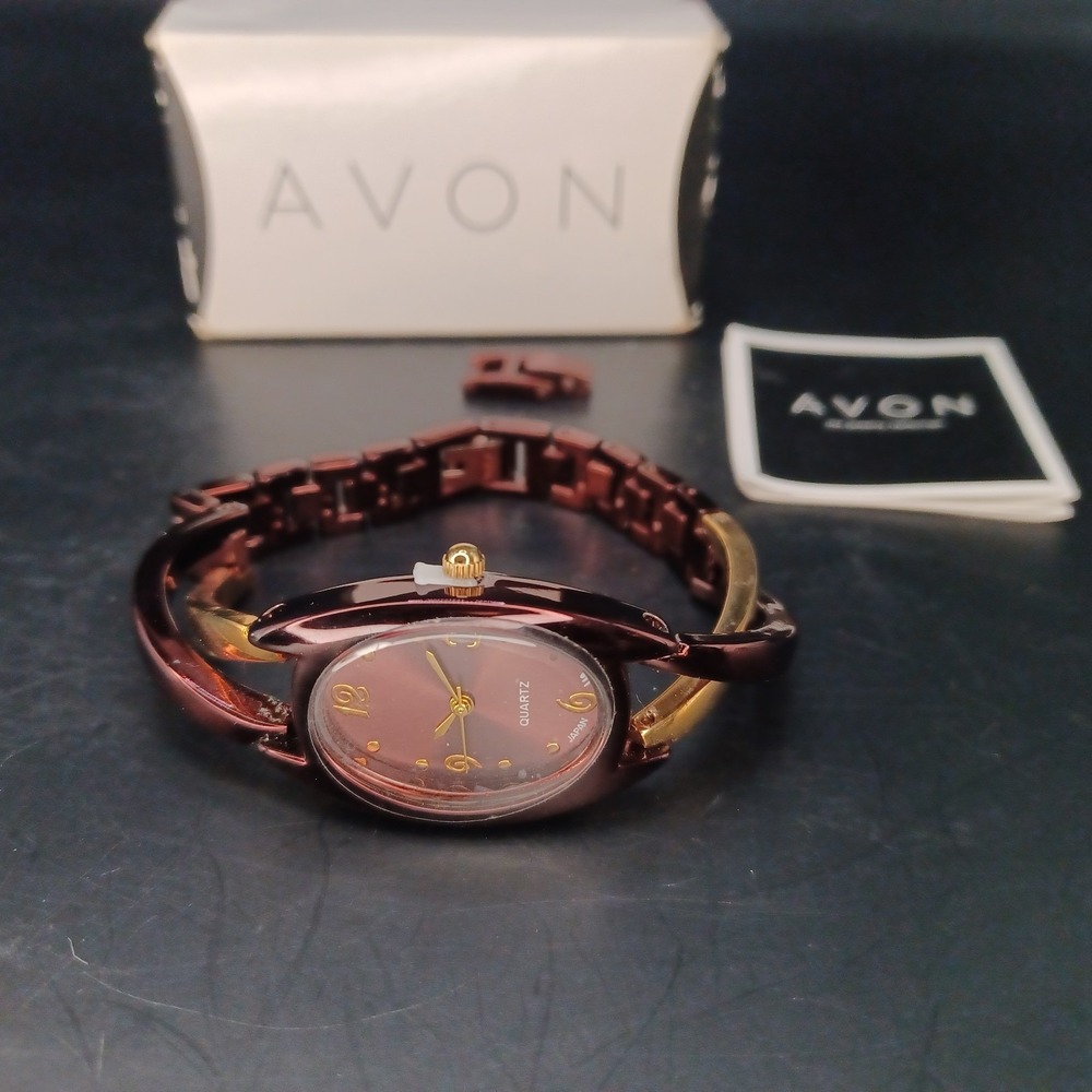 AVON Watch Womans Quartz Two-tone Brown Bronze Marquise Face Japan Link Band NOS